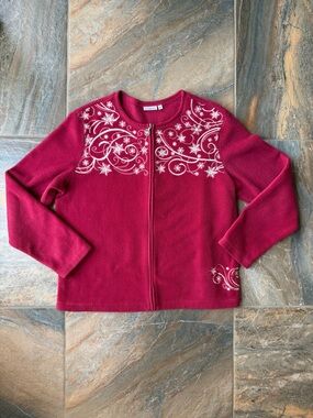 Croft & Barrow Red Fleece Zip Up Jacket Snowflake Embroidered Winter Large L